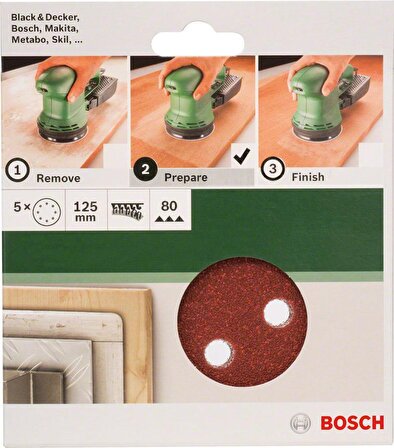 Bosch Eksantirik Zımpara Kağıdı 5'li, 125 mm 80 Kum 8 Delik 2609256A24